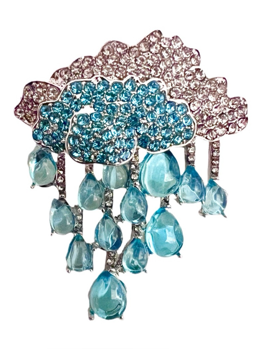 🧷🌧️GORGEOUS Cloud and Blue Raindrop Brooch on Silver Base - Vintage-Inspired!